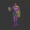 Silver Robot Standing With Yellow Cape Holding Blue Glowing Orb