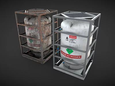 Rusty and New Hydrogen Storage Tanks in Metal Frames with Labels 3d model