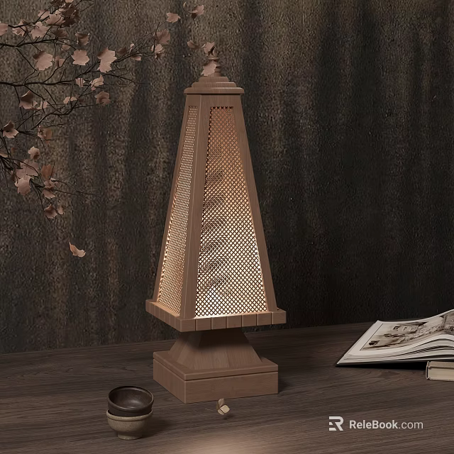 Wooden Table Lamp Perforated Design Lighted On Wooden Table With Open Book And Dry Branches 3d model 