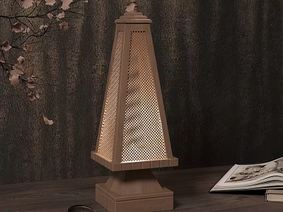 Wooden Table Lamp Perforated Design Lighted On Wooden Table With Open Book And Dry Branches 3d model
