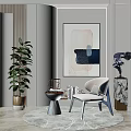 Modern Interior Space With Accent Chair Decorative Painting Potted Plant And Round Rug