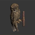 Textured Owl Sculpture Perched On Wooden Branch With Dark Background Reflection