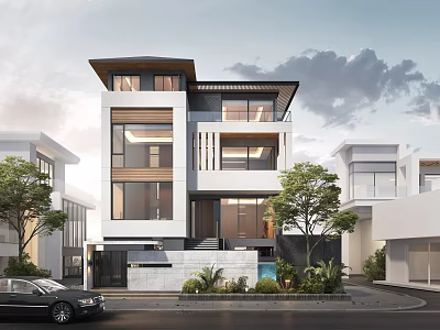 Modern Detached Villa Exterior Design With Large Windows Balcony And Greenery Courtyard 3d model