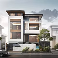 Modern Detached Villa Exterior Design With Large Windows Balcony And Greenery Courtyard