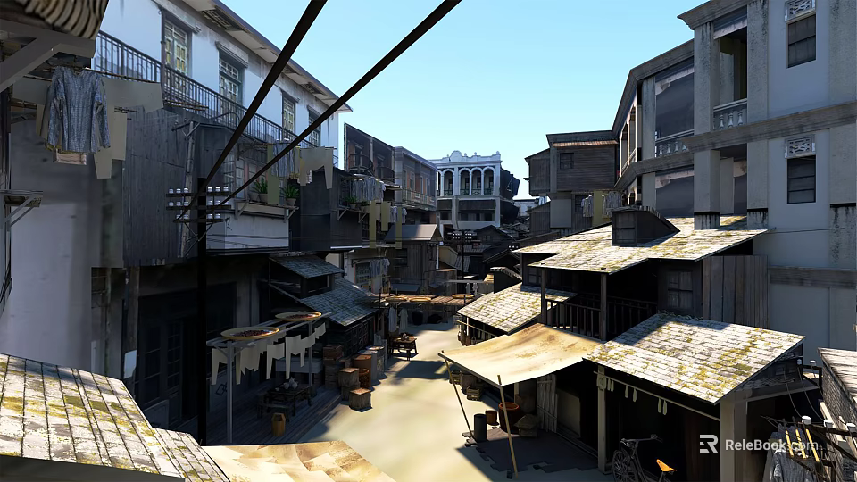 Old Town Narrow Street Scene With Traditional Buildings Old Houses And Rooftops 3d model 