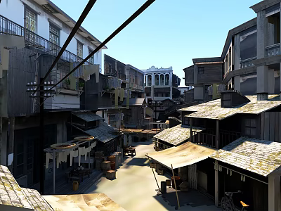 Old Town Narrow Street Scene With Traditional Buildings Old Houses And Rooftops 3d model