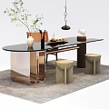 Modern Tea Table With Glass Top Metal Base Chairs Stools Tea Set And Hanging Lamp