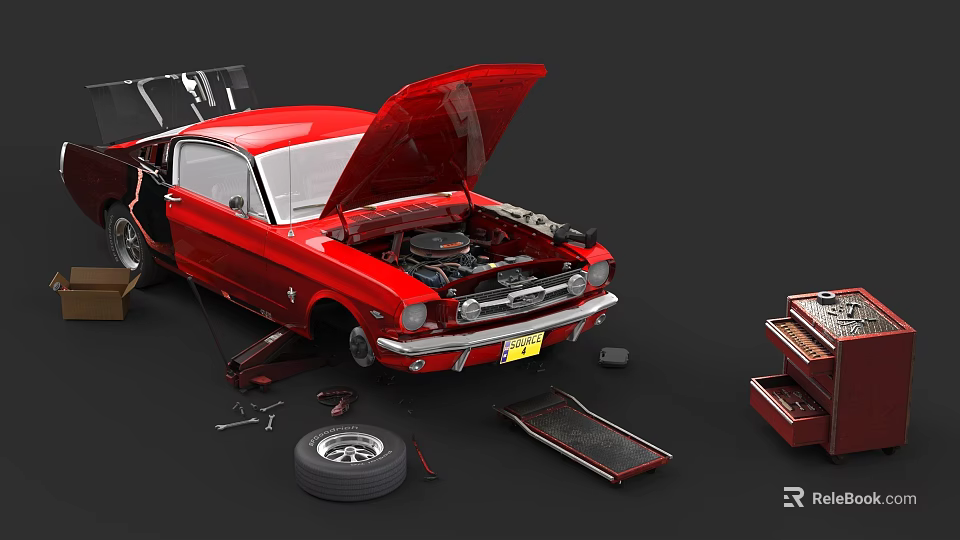 Red Classic Car With Open Hood Showing Engine And Repair Tools 3d model 