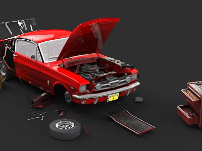 Red Classic Car With Open Hood Showing Engine And Repair Tools 3d model