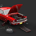 Red Classic Car With Open Hood Showing Engine And Repair Tools