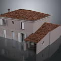 Traditional Two Story Building With Red Tiled Roof Light Gray Walls Windows And Doors