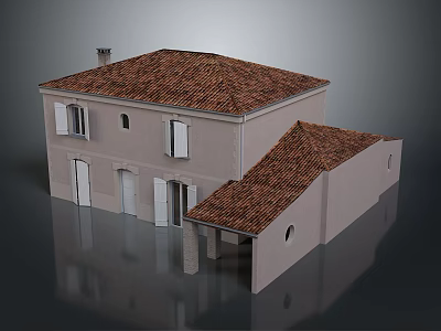 Traditional Two Story Building With Red Tiled Roof Light Gray Walls Windows And Doors 3d model