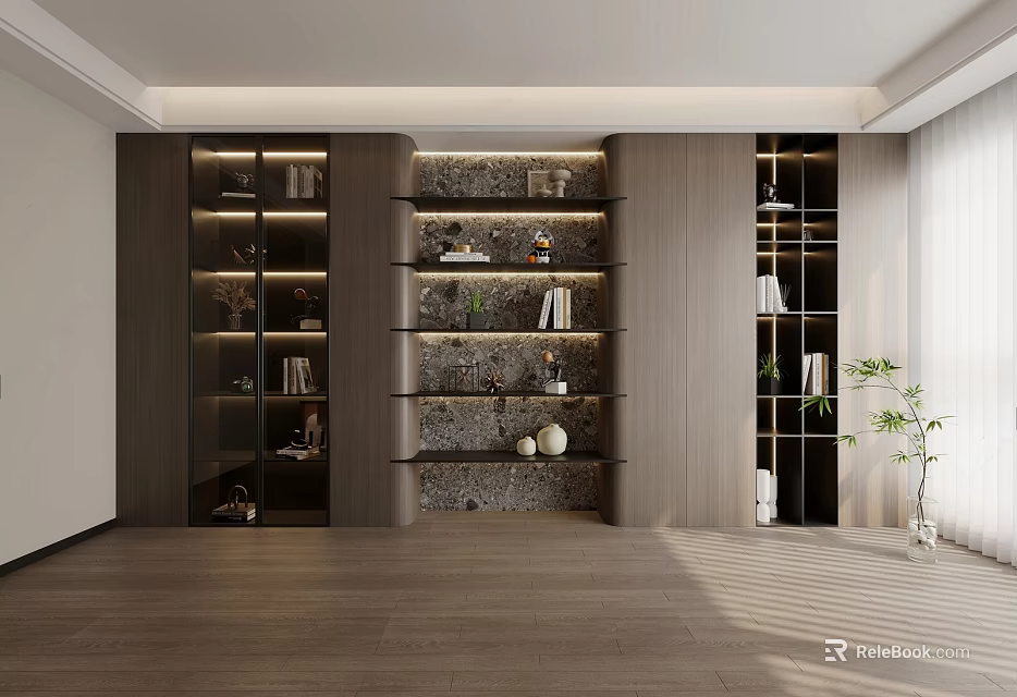 Modern Bookcase Interior With Glass Doors Open Shelves Stone Backdrop Books Decorative Items 3d model 