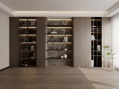 Modern Bookcase Interior With Glass Doors Open Shelves Stone Backdrop Books Decorative Items 3d model
