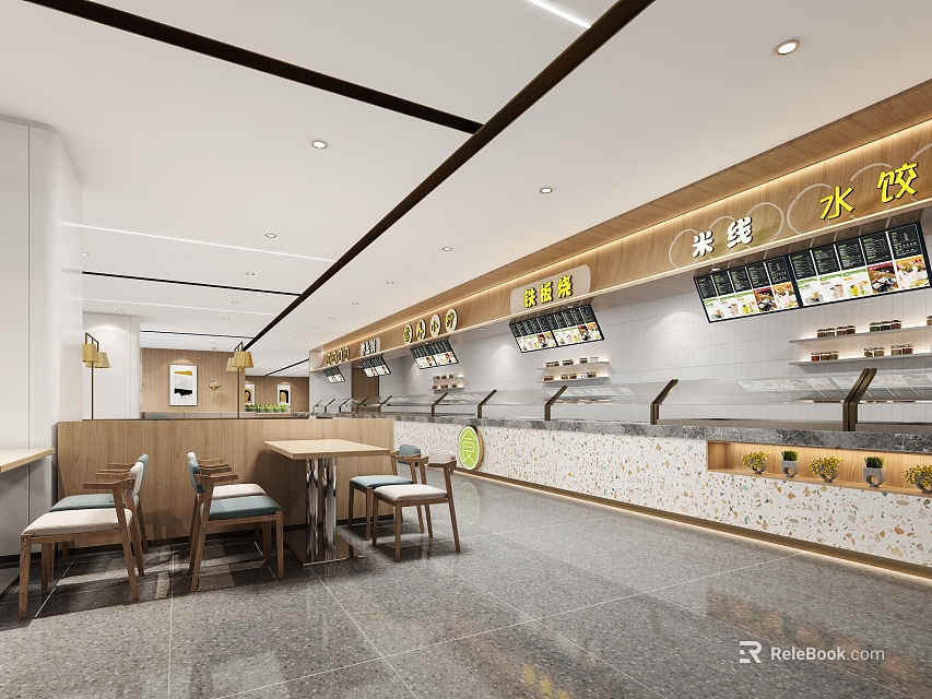 Modern Cafeteria Interior With Dining Tables Chairs And Food Counters 3d model 