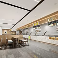 Modern Cafeteria Interior With Dining Tables Chairs And Food Counters