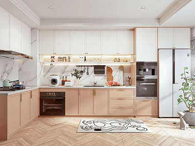 Modern Kitchen Interior With Light Wood White Cabinets Marble Countertop Appliances And Herringbone Wooden Floor 3d model