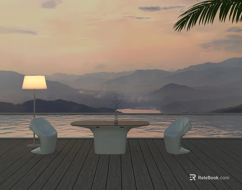 Outdoor Table on Wooden Deck with Sunset Mountain Lake View White Chairs and Floor Lamp 3d model 