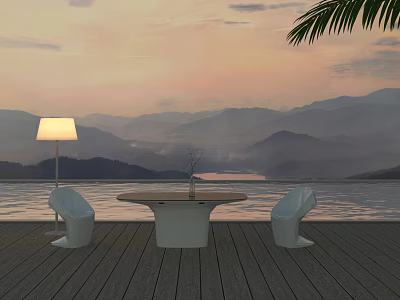 Outdoor Table on Wooden Deck with Sunset Mountain Lake View White Chairs and Floor Lamp 3d model