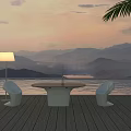 Outdoor Table on Wooden Deck with Sunset Mountain Lake View White Chairs and Floor Lamp