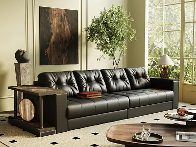 Modern Living Room Interior With Black Leather Sofa Wall Painting Green Plant And Checkered Rug 3d model