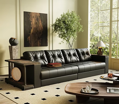 Modern Living Room Interior With Black Leather Sofa Wall Painting Green Plant And Checkered Rug 3d model