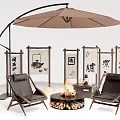 Comfortable Outdoor Chairs In Patio Setting With Cantilever Umbrella And Fire Pit