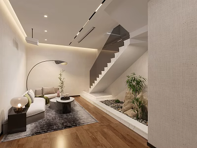 Modern Leisure Area With Sofa Round Coffee Table Floor Lamp Staircase Plants And Wooden Flooring 3d model