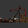 Traditional Market Stall With Red Canopy Wooden Crates Clay Pots And Oranges