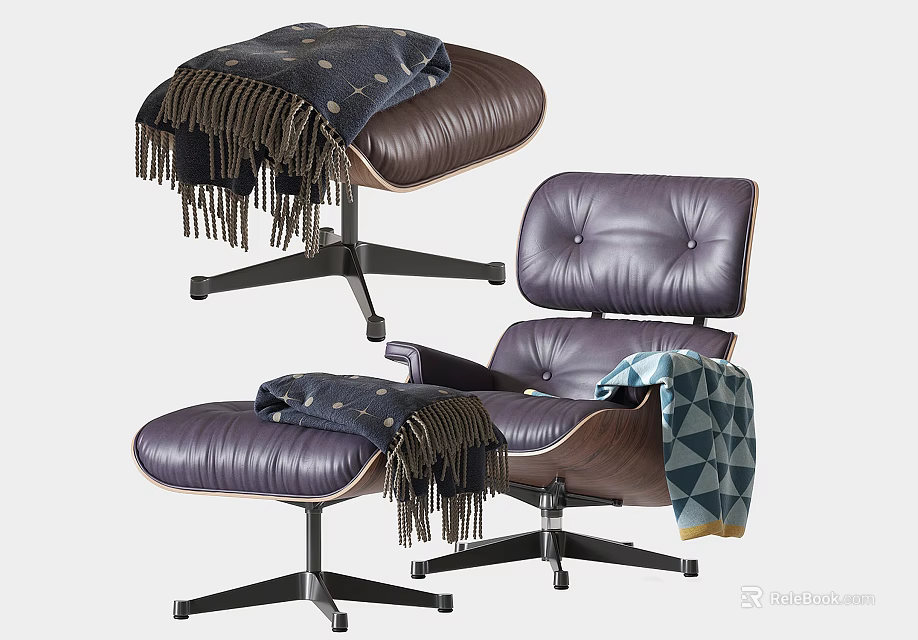 Purple Leather Office Chair With Ottoman Cozy Tassel Blanket And Geometric Pattern 3d model 