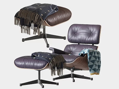Purple Leather Office Chair With Ottoman Cozy Tassel Blanket And Geometric Pattern 3d model