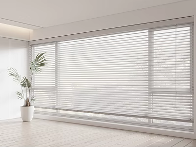 Stylish White Window Blinds In Modern Room With Large Window Wooden Floor And Potted Plant 3d model
