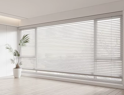 Stylish White Window Blinds In Modern Room With Large Window Wooden Floor And Potted Plant 3d model
