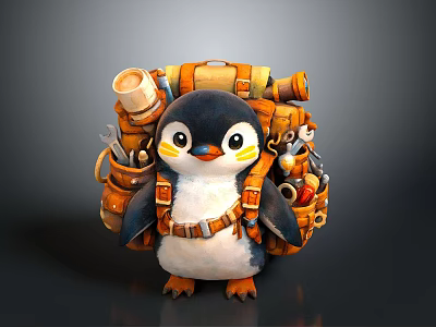 Adorable Adventure Penguin With Backpack Carrying Scroll Tools And Bottles 3d model