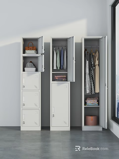 Modern Space Saving Metal Wardrobe With Multiple Locked Compartments For Storing Clothes Bags And Belongings 3d model 