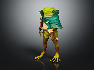 Anthropomorphic Green Frog Adventurer Character With Green Cloak Brown Armor And Dagger Standing 3d model