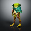 Anthropomorphic Green Frog Adventurer Character With Green Cloak Brown Armor And Dagger Standing