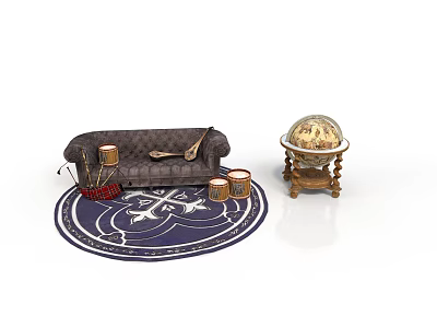 Vintage Living Room With Gray Sofa Blue Patterned Rug Small Drums Globe And Table 3d model