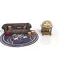 Vintage Living Room With Gray Sofa Blue Patterned Rug Small Drums Globe And Table