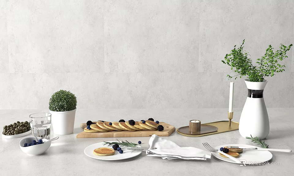 Fresh Blueberry Pancakes On Wooden Tray With White Plates And Green Plants 3d model 
