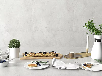 Fresh Blueberry Pancakes On Wooden Tray With White Plates And Green Plants 3d model