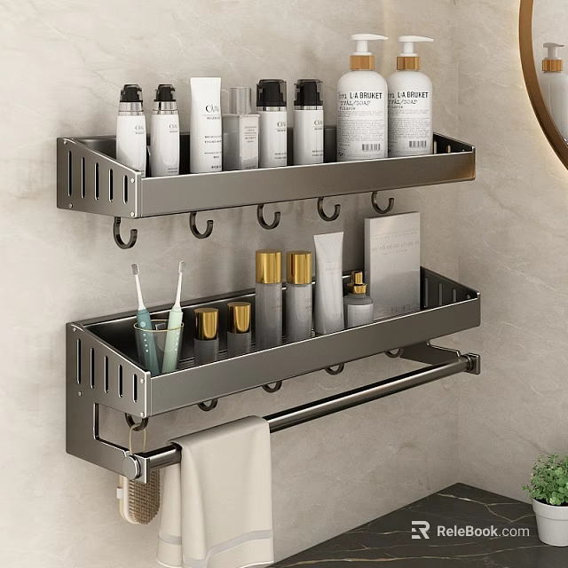Stainless Steel Bathroom Accessories Shelves with Toiletries Toothbrush Hooks and Towel 3d model 