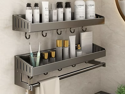 Stainless Steel Bathroom Accessories Shelves with Toiletries Toothbrush Hooks and Towel 3d model