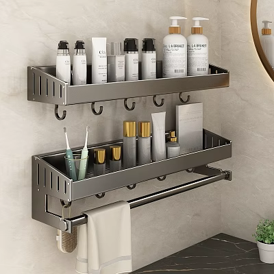 Stainless Steel Bathroom Accessories Shelves with Toiletries Toothbrush Hooks and Towel 3d model