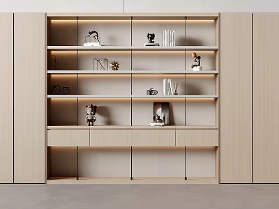 Modern Light Wood Bookcase With Open Shelves Decorative Items And Built-in Lighting 3d model