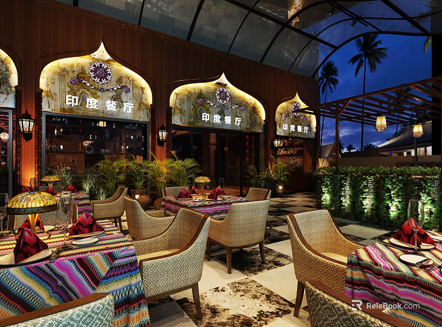 Indian Restaurant With Outdoor Seating Wooden Decor Arched Windows Colorful Tablecloths And Palm Trees 3d model 