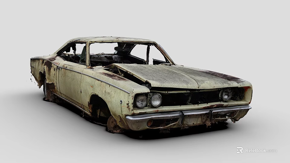 Rusty Old Classic Car With Worn Body And Missing Windows On Gray Background 3d model 