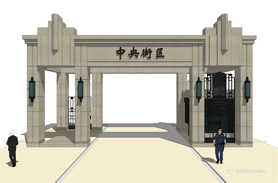 Grand Traditional Entrance Gate of Central District with Stone Columns and Lanterns 3d model 