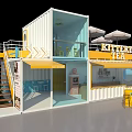 Container Building Tea Shop With Yellow Awning Outdoor Umbrellas And Stools