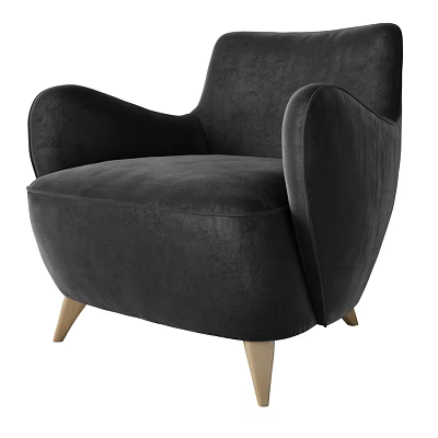 Elegant Black Velvet Single Sofa With Curved Armrests Wooden Legs 3d model